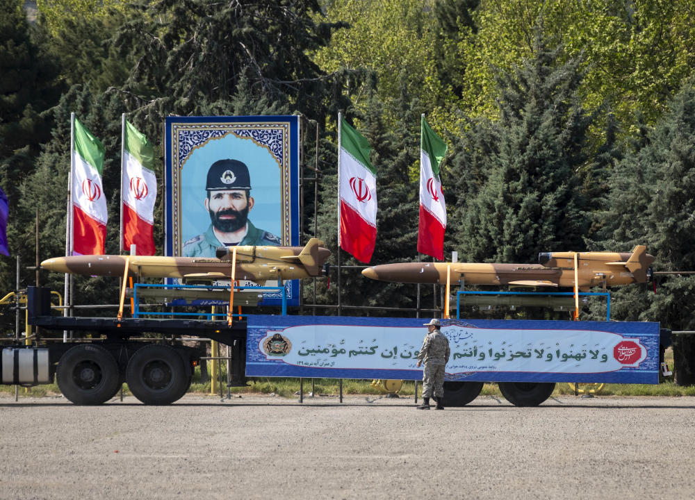 A truck is carrying Iranian-made Unmanned Aerial Vehicles (UAVs) during a military parade marking the anniversary of Iran's Army Day at an Army military base in Tehran, Iran, on April 17, 2024. (Photo by Morteza Nikoubazl/NurPhoto via Getty Images)