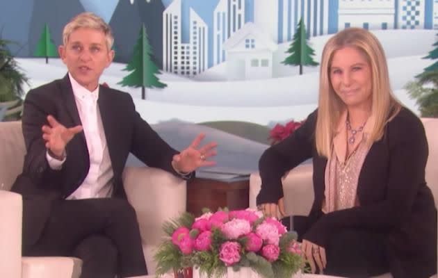 Barbra Streisand made Ellen Degeneres switch seats so that she can show off her 'good side.' Source: Yahoo Entertainment