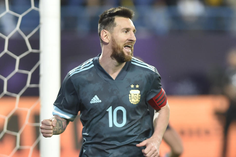 Argentina's Lionel Messi celebrates after scoring his side's opening goal during a friendly soccer match between Brazil and Argentina at King Fahd stadium in Riyadh, Saudi Arabia, Friday, Nov. 15, 2019. (AP Photo)