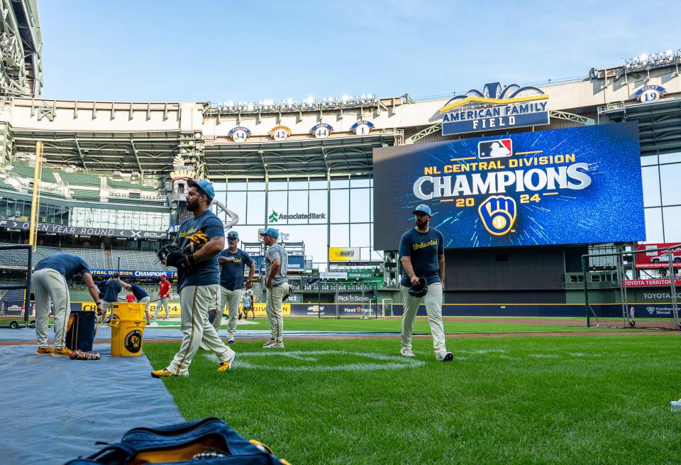 Milwaukee Brewers players participate in batting practice as they are named the NL Central Division Champions before their game against the Philadelphia Phillies on Wednesday September 18, 2024 at American Family Field in Milwaukee, Wis.