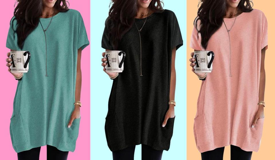 three models wearing the tunic top in three different colors