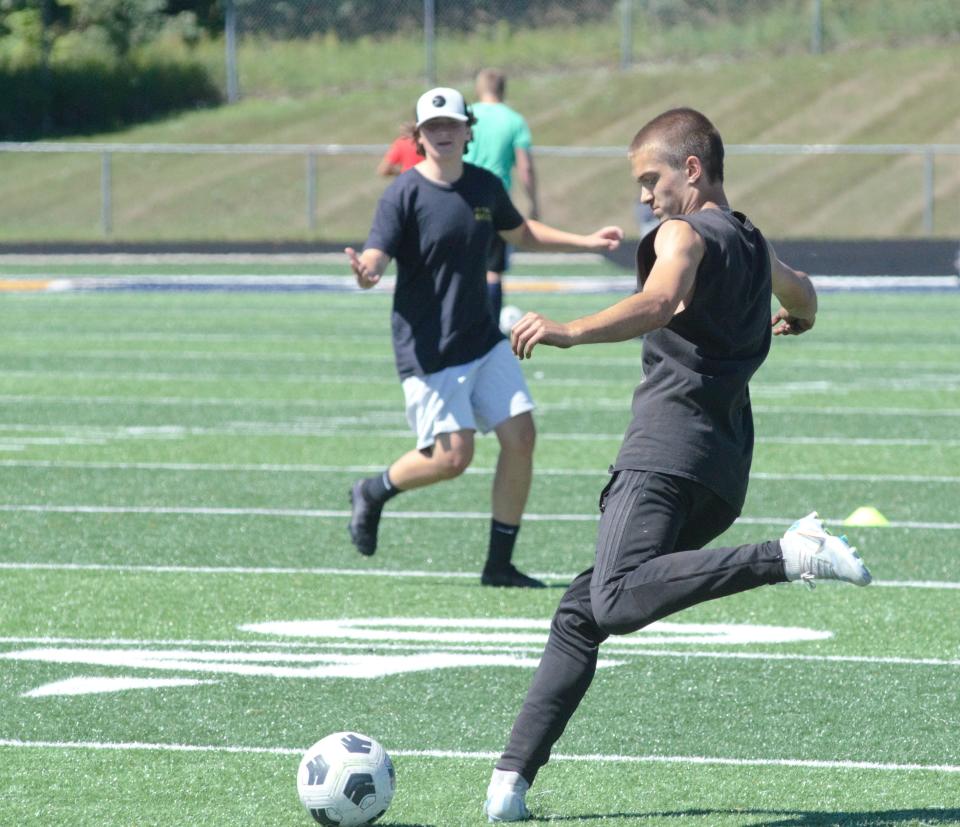 A Gaylord soccer player swings the ball during a practice on Tuesday, August 9.