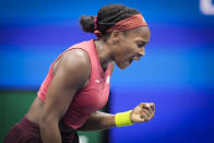 Coco Gauff, of the United States, reacts during a match against Aryna Sabalenka, of Belarus, during the women's singles final of the U.S. Open tennis championships, Saturday, Sept. 9, 2023, in New York. (AP Photo/Charles Krupa)