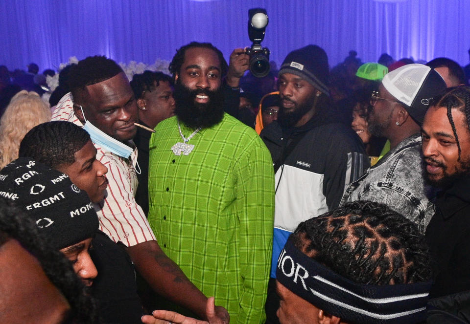 ATLANTA, GA - DECEMBER 03: James Harden and Lil Baby attend Lil Baby's Ice Ball on December 3, 2020 in Atlanta, Georgia. (Photo by Prince Williams/Wireimage)