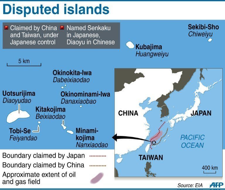 Graphic showing disputed islands in the South China Sea, claimed by China and controlled by Japan