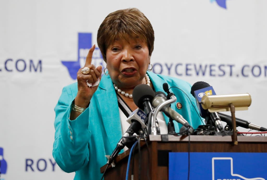 U.S. Rep. Eddie Bernice Johnson, D-Texas, introduces state Sen. Royce West at a rally where West announced his bid to run for the U.S. Senate, in Dallas, Monday, July 22, 2019. (AP Photo/Tony Gutierrez, File)