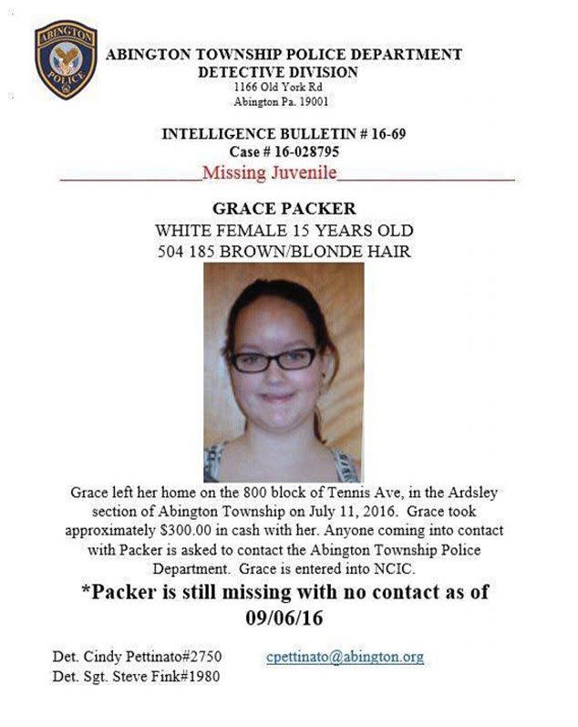 Grace Packer's first missing persons poster says the teen stole $300 from her mother. Source: Bucks County District