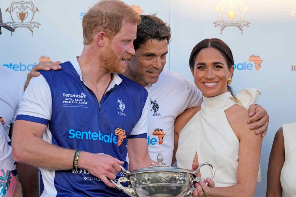 <p>AP Photo/Rebecca Blackwell</p> From left: Prince Harry, Nacho Figueras and Meghan Markle at the Royal Salute Polo Challenge in Florida on April 12, 2024.