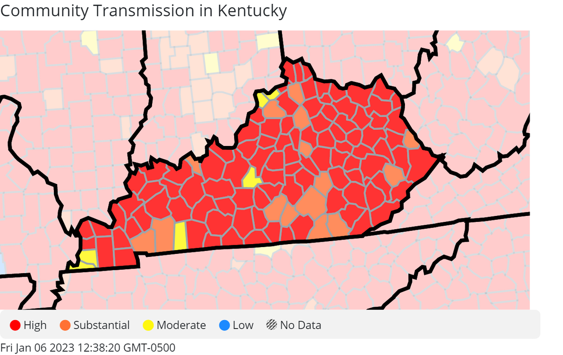 The latest data from the U.S. Centers for Disease Control and Prevention on COVID-19 transmission rates in Kentucky. This data is current as of Jan. 6, 2023.