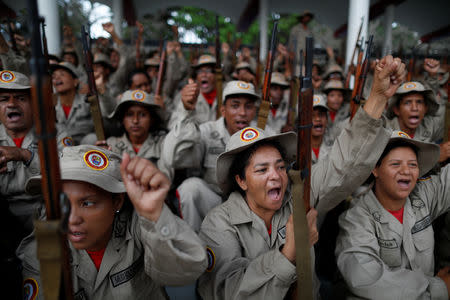 Militia members shout slogans during a ceremony to mark the 17th anniversary of the return to power of Venezuela's late President Hugo Chavez after a coup attempt and the National Militia Day in Caracas, Venezuela April 13, 2019. REUTERS/Carlos Garcia Rawlins