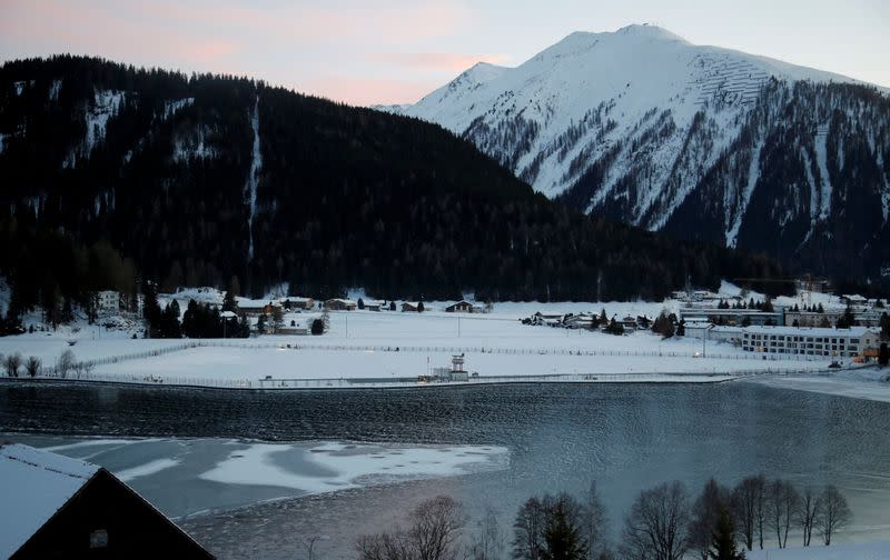 A watchtower is photographed at the fenced area which will be used as heliport during the upcoming World Economic Forum (WEF) in Davos