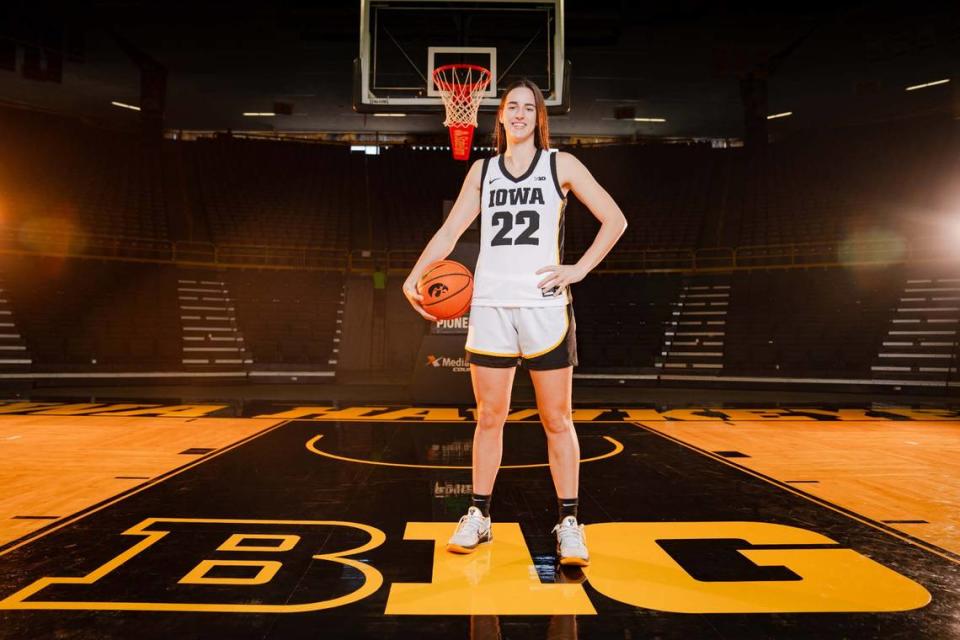 Caitlin Clark stands for a photo during Iowa women’s basketball media day on Oct. 4 at Carver Hawkeye Arena. Zach Boyden-Holmes/The Register/Zach Boyden-Holmes/The Register / USA TODAY NETWORK