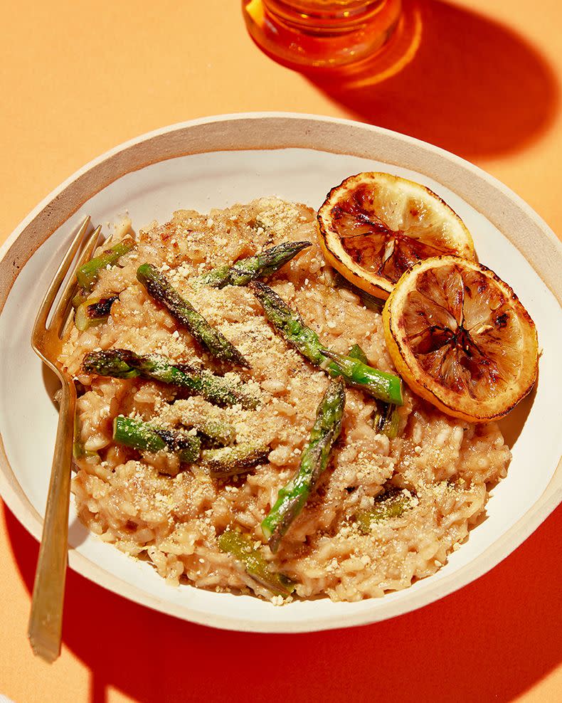 <p>This recipe is not that different from regular <a href="https://www.delish.com/cooking/recipe-ideas/a29786303/risotto-rice-recipe/" rel="nofollow noopener" target="_blank" data-ylk="slk:risotto;elm:context_link;itc:0;sec:content-canvas" class="link ">risotto</a> but is made extra-special (and <a href="https://www.delish.com/cooking/recipe-ideas/g39431167/plant-based-recipes/" rel="nofollow noopener" target="_blank" data-ylk="slk:plant-based;elm:context_link;itc:0;sec:content-canvas" class="link ">plant-based</a>) with vegan butter and a to-die-for homemade “Parm” topping made of cashews.</p><p>Get the <strong><a href="https://www.delish.com/cooking/recipe-ideas/a41517579/vegan-lemon-asparagus-risotto-recipe/" rel="nofollow noopener" target="_blank" data-ylk="slk:Vegan Charred Lemon-Asparagus Risotto recipe;elm:context_link;itc:0;sec:content-canvas" class="link ">Vegan Charred Lemon-Asparagus Risotto recipe</a></strong>.</p>