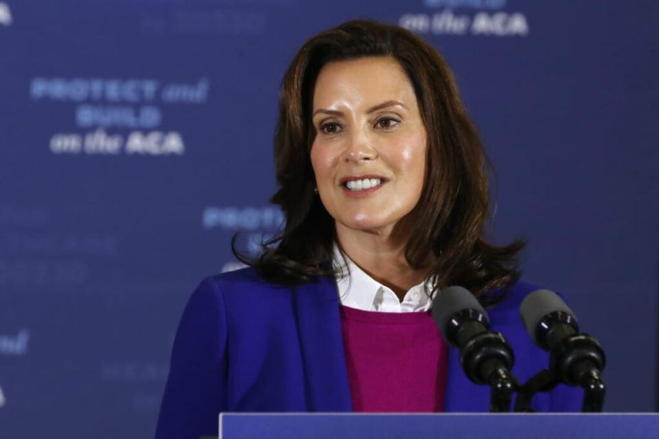 Gov. Gretchen Whitmer introduces Democratic presidential nominee Joe Biden delivers remarks about health care at Beech Woods Recreation Center October 16, 2020 in Southfield,m Michigan. (Photo by Chip Somodevilla/Getty Images)