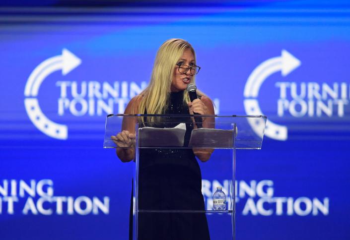 Rep. Marjorie Taylor Greene, R-Ga., addresses the Turning Point Action conference on July 16, 2023, in West Palm Beach, Fla.