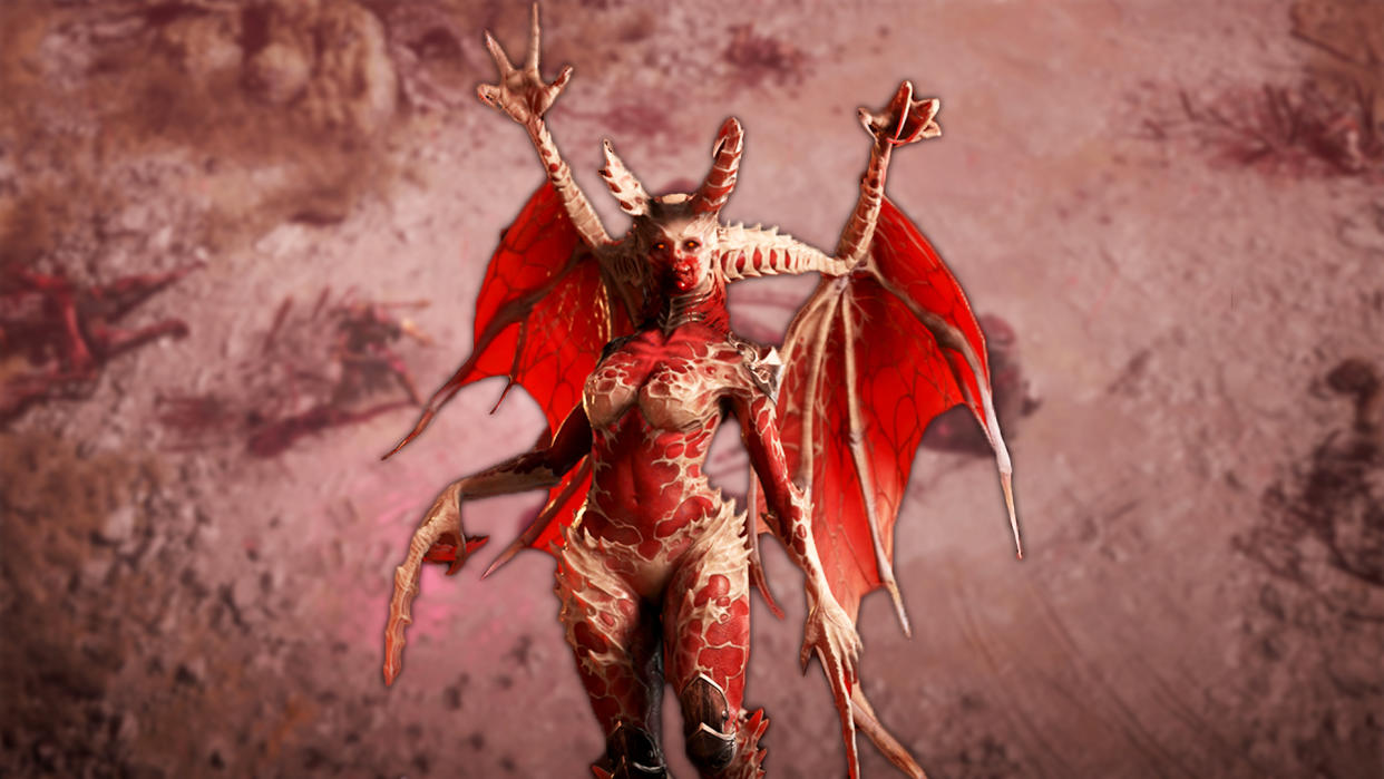  Diablo 4 Helltide Reborn Blood Maiden boss on a blurred background. 