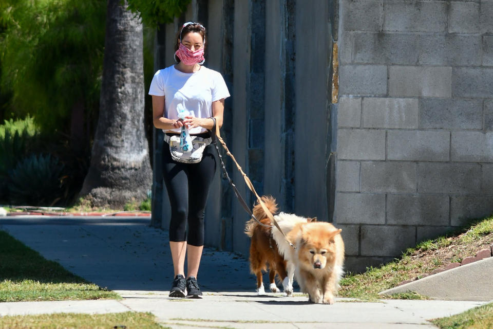 <p><em>Parks and Recreation</em> alumna Aubrey Plaza wears a face mask to take her dogs outside on Saturday in Los Angeles.</p>