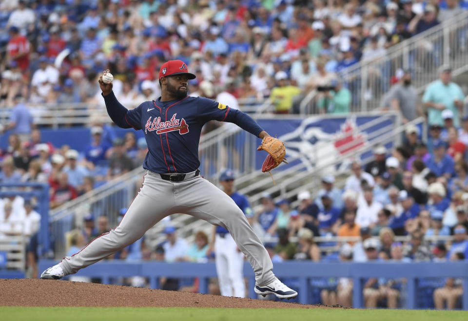 Atlanta Braves pitcher Reynaldo López delivers during a baseball game against the Toronto Blue Jays Saturday, March 2, 2024, in Dunedin, Fla. (Mark Taylor/The Canadian Press via AP)