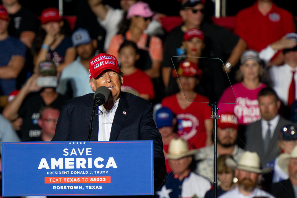 Former U.S President Donald Trump speaks at a 'Save America' rally on October 22, 2022 in Robstown, Texas. The former president, alongside other Republican nominees and leaders held a rally where they energized supporters and voters ahead of the midterm election. / Credit: BRANDON BELL / Getty Images