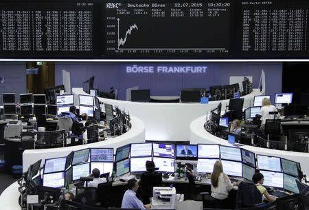 Traders are pictured at their desks in front of the DAX board at the Frankfurt stock exchange July 22, 2015. REUTERS/Remote/Staff