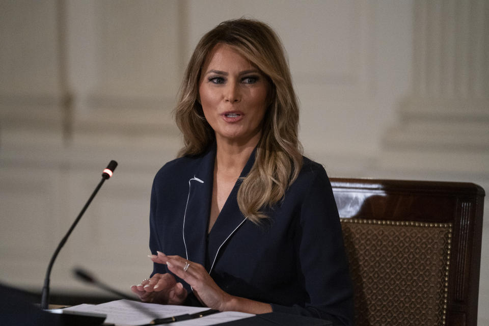 First lady Melania Trump speaks during an Indian Health Service (IHS) Task Force briefing on "Protecting Native American Children in the Indian Health System" at the White House in Washington, Thursday, July 23, 2020. (AP Photo/Carolyn Kaster)