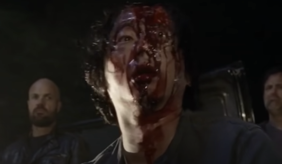 A man&#39;s eye bulges out of his head and his face is covered in blood