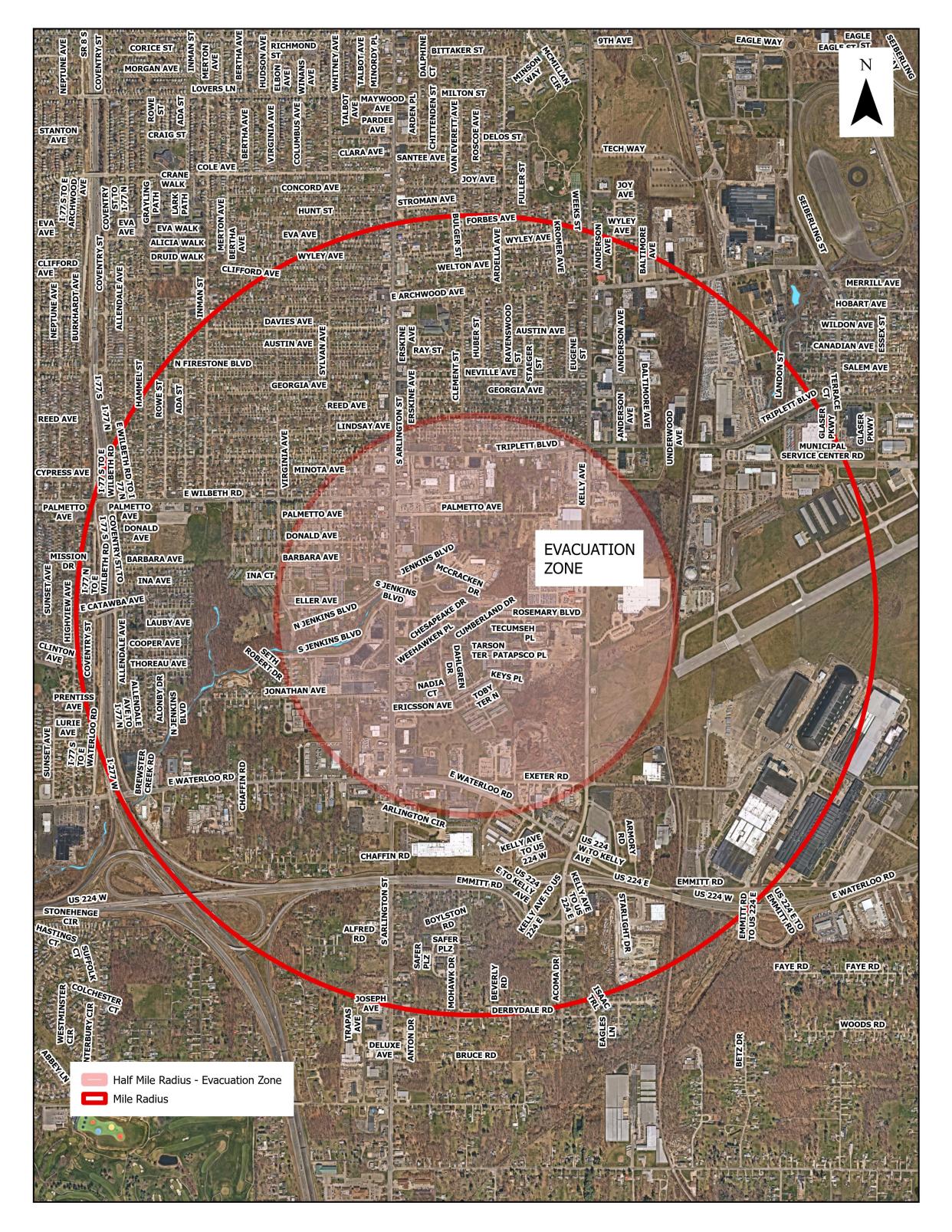 A map showing the evacuation zone surrounding a burning industrial facility on Rosemary Boulevard.