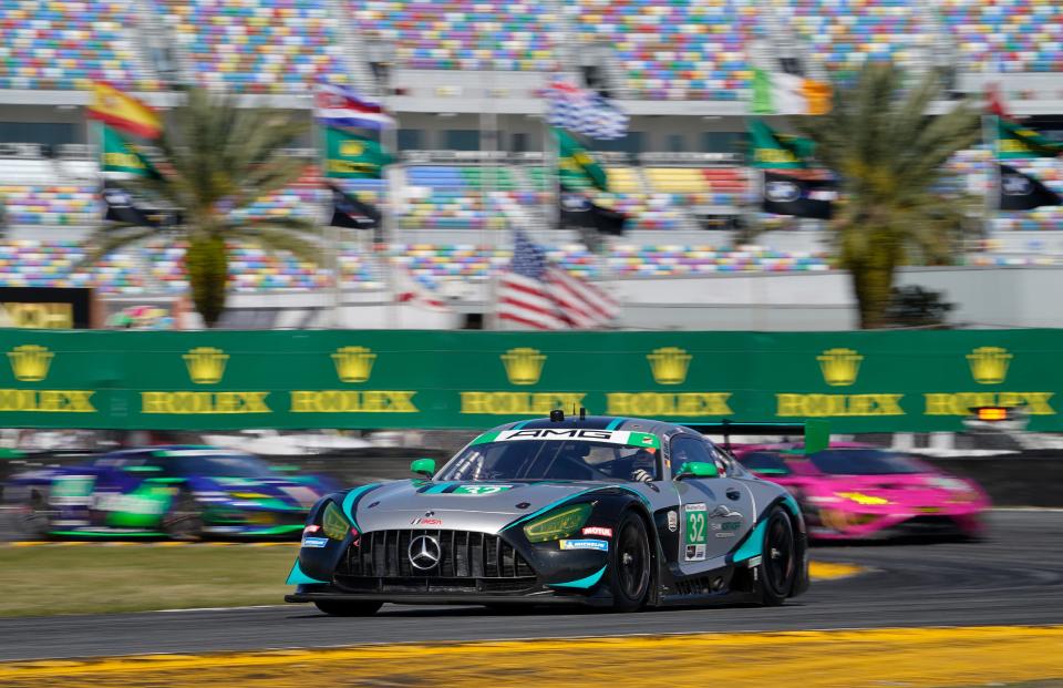 The No. 32 Mercedes-AMG speeds along during Thursday's opening practice. It's part of the large GTD class for the Rolex 24.