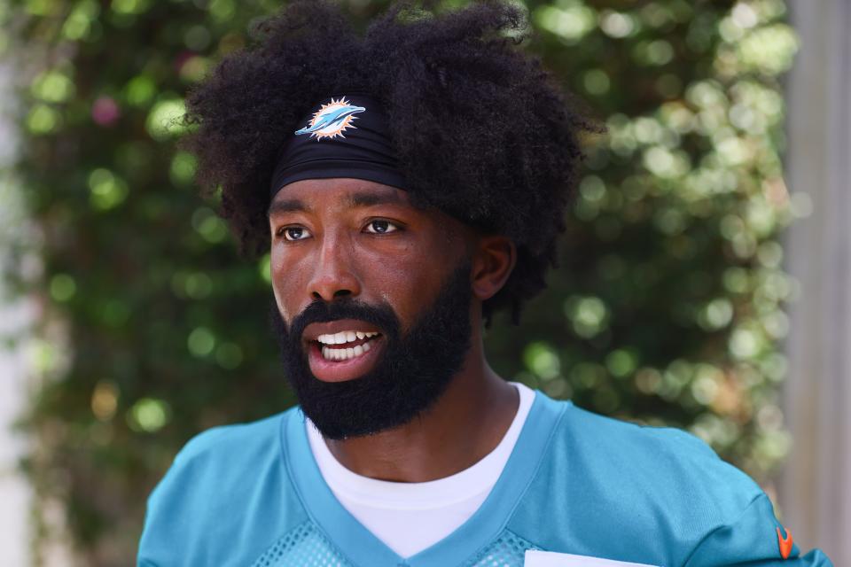 Jun 5, 2024; Miami Gardens, FL, USA; Miami Dolphins cornerback Kendall Fuller (29) speaks to reporters during mandatory minicamp at Baptist Health Training Complex. Mandatory Credit: Sam Navarro-USA TODAY Sports