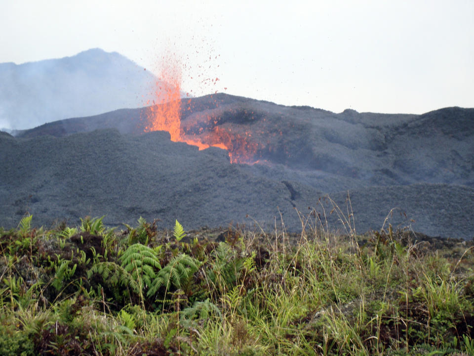 The active Cerro Azul, 5,541 feet (1,690 metre) high, volcano on Isabela Island, in the Galapagos islands 600 miles (1,000 km) west of the Ecuador mainland is seen in this recently taken photograph released to Reuters on June 5, 2009. The volcano that spewed molten lava is not a threat to 100-year-old giant tortoises living around the crater, island officials said. REUTERS/Parque Nacional Galapagos (ECUADOR).  FOR EDITORIAL USE ONLY. NOT FOR SALE FOR MARKETING OR ADVERTISING CAMPAIGNS.