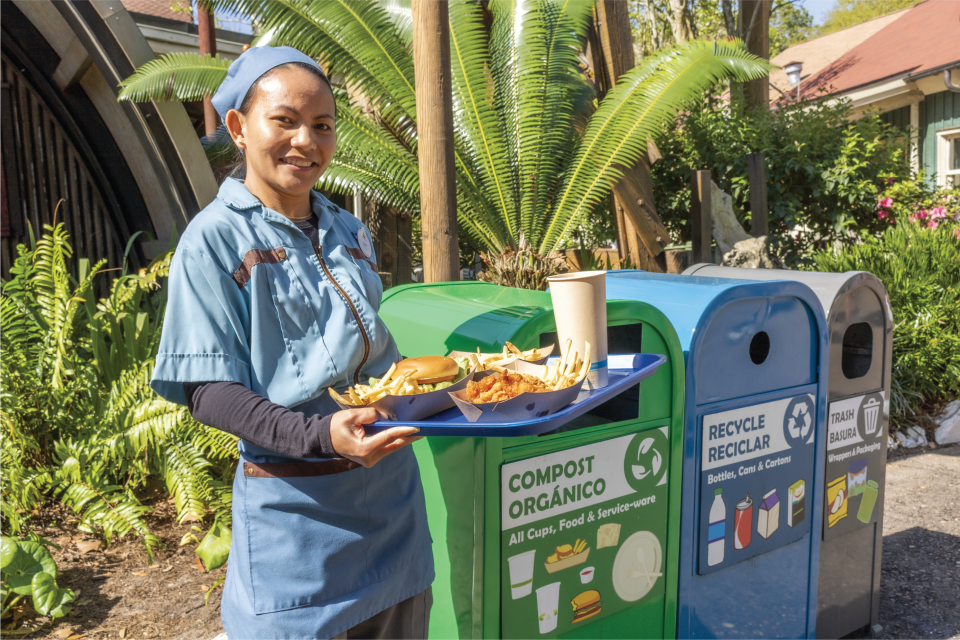 Restaurantosauros cast members wear clothing made from recycled water bottles. Everything from food to flatware is compostable at the restaurant in Disney's Animal Kingdom.