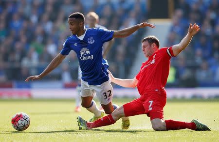 Football - Everton v Liverpool - Barclays Premier League - Goodison Park - 4/10/15 Everton's Brendan Galloway in action with Liverpool's James Milner Action Images via Reuters / Lee Smith