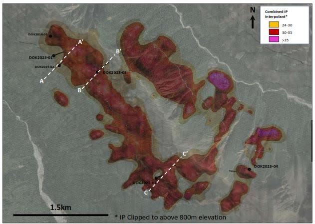 Plan view of chargeability merged from the 2014, 2022 and 2023 IP surveys.