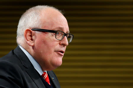 FILE PHOTO: European Commission First Vice-President Frans Timmermans addresses a news conference at the EU Commission headquarters in Brussels, Belgium, December 20, 2017. REUTERS/Francois Lenoir/File Photo