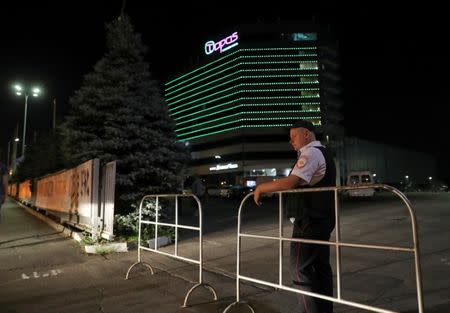 Security blocks the entrance to the Topos Congress hotel in the soccer World Cup host city of Rostov-on-Don, Russia June 26, 2018. REUTERS/Marko Djurica