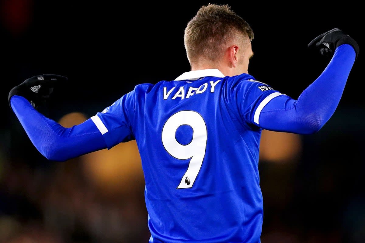 Jamie Vardy celebrates his goal against Leeds (Mike Egerton/PA) (PA Wire)