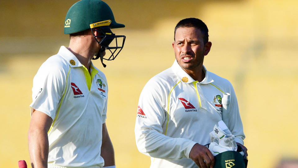 On the right is Australia batsman Usman Khawaja with Marnus Labuschagne.