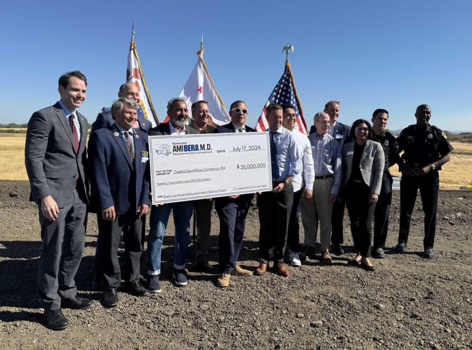 Local elected leaders, including Reps. Ami Bera, D-Elk Grove, and Kevin Kiley, R-Rocklin, as well as Sacramento County Sheriff Jim Cooper, posed for a photo Wednesday, July 17, 2024, near Rancho Cordova to celebrate the U.S. Department of Transportation’s $25 million infusion for the Capital Southeast Connector project.