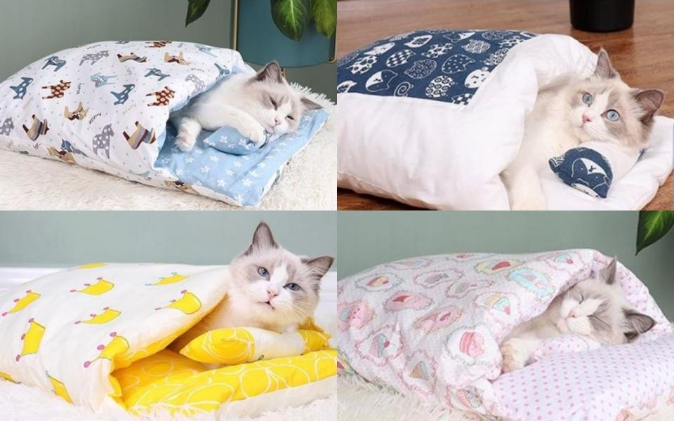 日式寵物睡袋貓窩（M號），售價385元， 雙11慶典跨店消費，滿額最高折250元。（圖取自Yahoo購物中心）