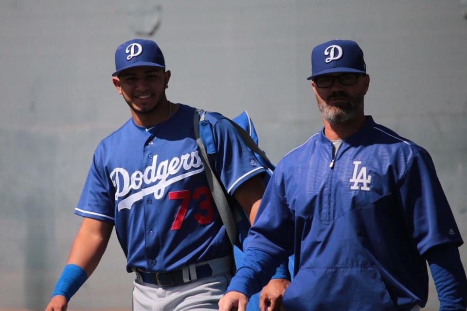 Los Angeles Dodgers prospect Keibert Ruiz (L) has a special bond with coach Travis Barbary. (Courtesy Raquel Barbary)