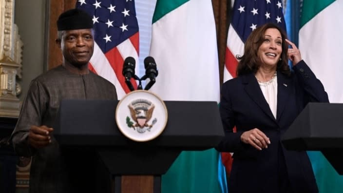 U.S. Vice President Kamala Harris (right) meets with Nigerian Vice President Yemi Osinbajo (left) at the White House in Washington, D.C. on Friday, Sept. 2. (Photo: Olivier Douliery/AFP via Getty Images)