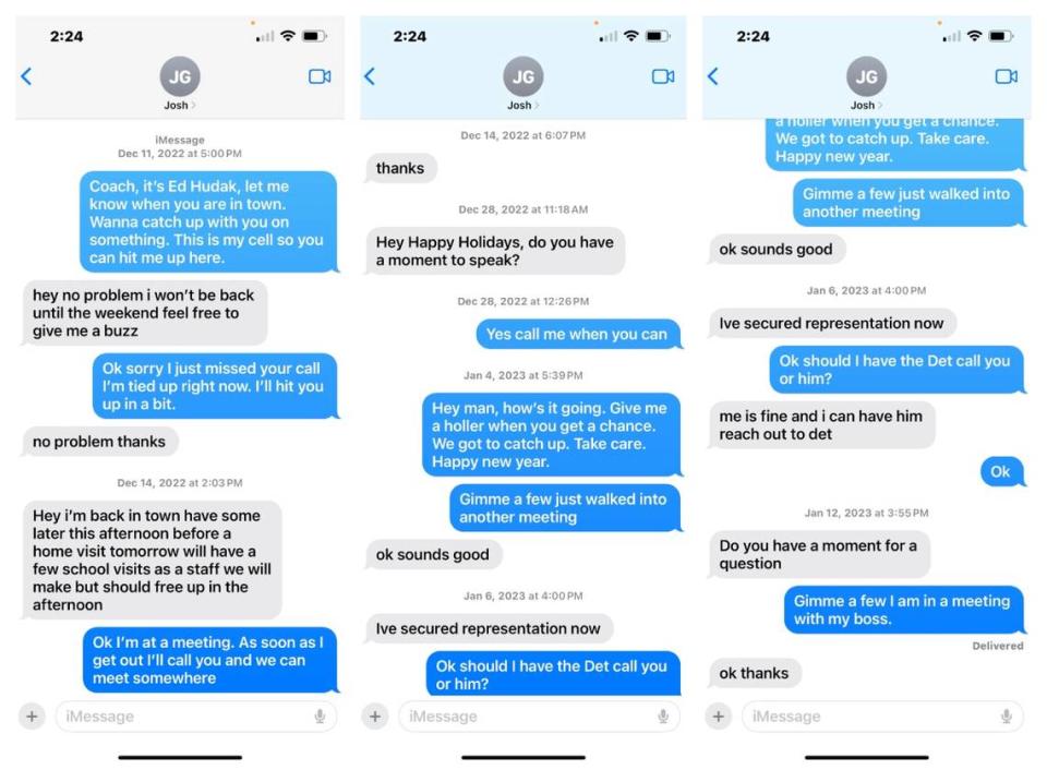 Capturas de pantalla de mensajes de texto entre el jefe de la Policía de Coral Gables, Ed Hudak, y el ex coordinador ofensivo de la Universidad de Miami Joshua Gattis.