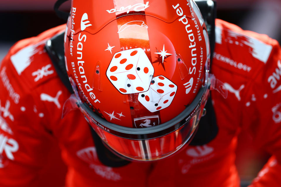 LAS VEGAS, NEVADA - NOVEMBER 17: Carlos Sainz of Spain and Ferrari prepares to drive in the garage during practice ahead of the F1 Grand Prix of Las Vegas at Las Vegas Strip Circuit on November 17, 2023 in Las Vegas, Nevada. (Photo by Dan Istitene/Getty Images)