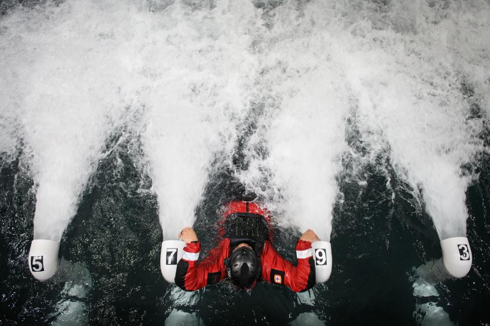 Ft. Liberty firefighter and FTCC instructor Mark Derrico in the swift water tank during a demonstration at Fayetteville Technical Community College’s swift water rescue training facility on Monday, Nov. 13, 2023.