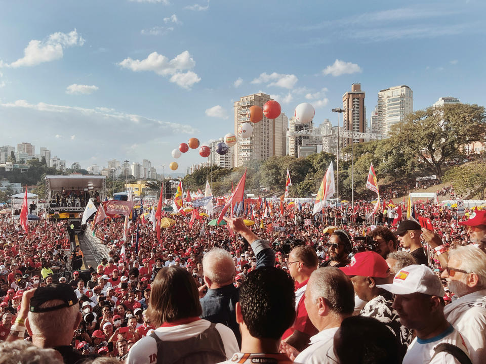 Luiz Inácio Lula da Silva gives a speech to union workers at Praça Charles Muller, São Paulo, on International Workers' day, May 1, 2022.<span class="copyright">Luisa Dörr for TIME</span>