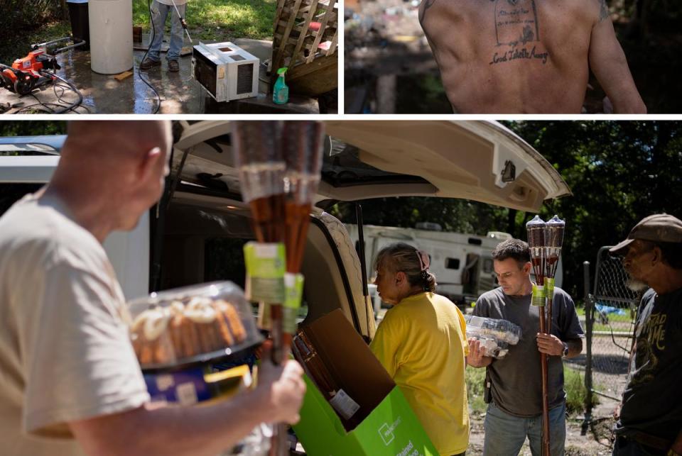 Top left: Jason Hodges pressure washes an air conditioning unit swamped by flooding at a rental property owned by Madigan. Top right: Rodger Pace’s back tattoo reads, “God Giveth and... God Taketh Away.” Bottom: Elvia Bethea, center left, passes out donated goods to John Smith III, left, John Gray, center right, and Jose Tabores, right, who were all affected by flooding.