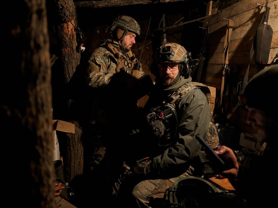 Ukrainian soldiers in a shelter in trenches in the frontline close to Bakhmut, Donetsk region, Ukraine, Wednesday, Feb. 8, 2023.