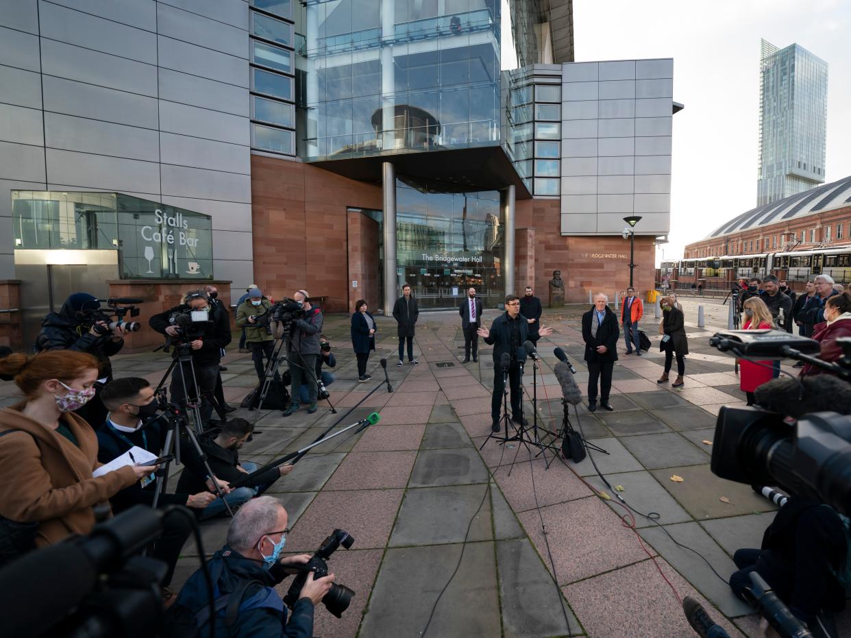 Greater Manchester mayor Andy Burnham speaks to the media outside Bridgewater Hall, following last-ditch talks with the Prime Minister aimed at securing additional financial support for his consent on new coronavirus restrictions, in Manchester (AP)