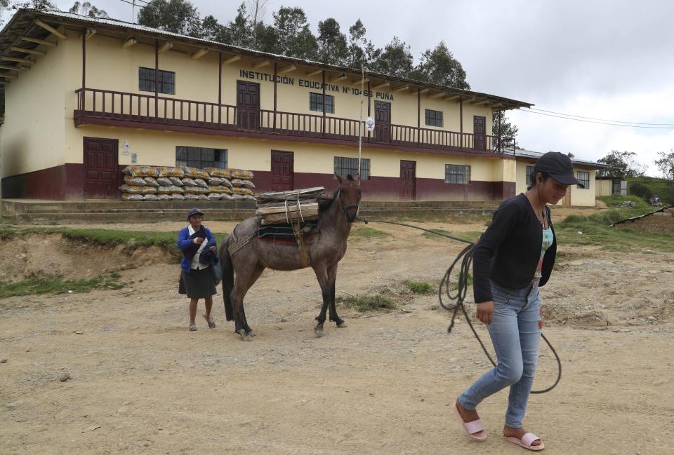 A woman pulls her horse carrying wood past the school where Free Peru party presidential candidate Pedro Castillo works as a teacher in Puna, Peru, Friday, April 16, 2021. Castillo, who has proposed rewriting Peru's constitution and deporting all immigrants living in the country illegally who commit crimes, will face rival candidate Keiko Fujimori in the June 6 presidential run-off election. (AP Photo/Martin Mejia)