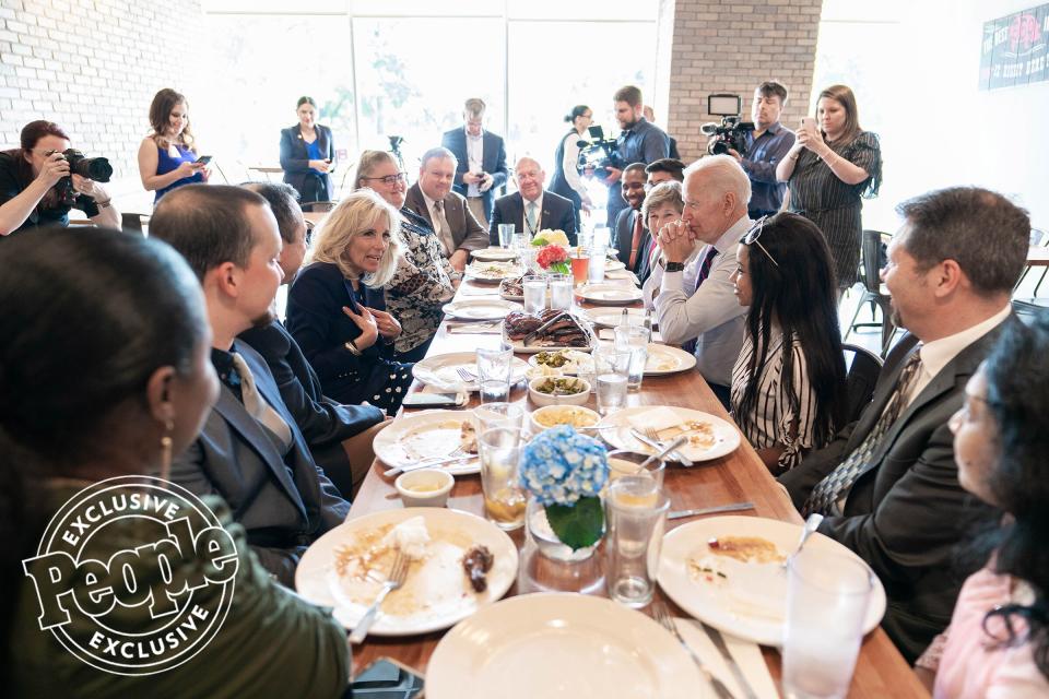 Mrs. Biden talks with a group of Teachers Union Representatives and students about their thoughts and shares some of her experiences being a teacher over lunch at Gatlin's BBQ in Houston on May 28, 2019.